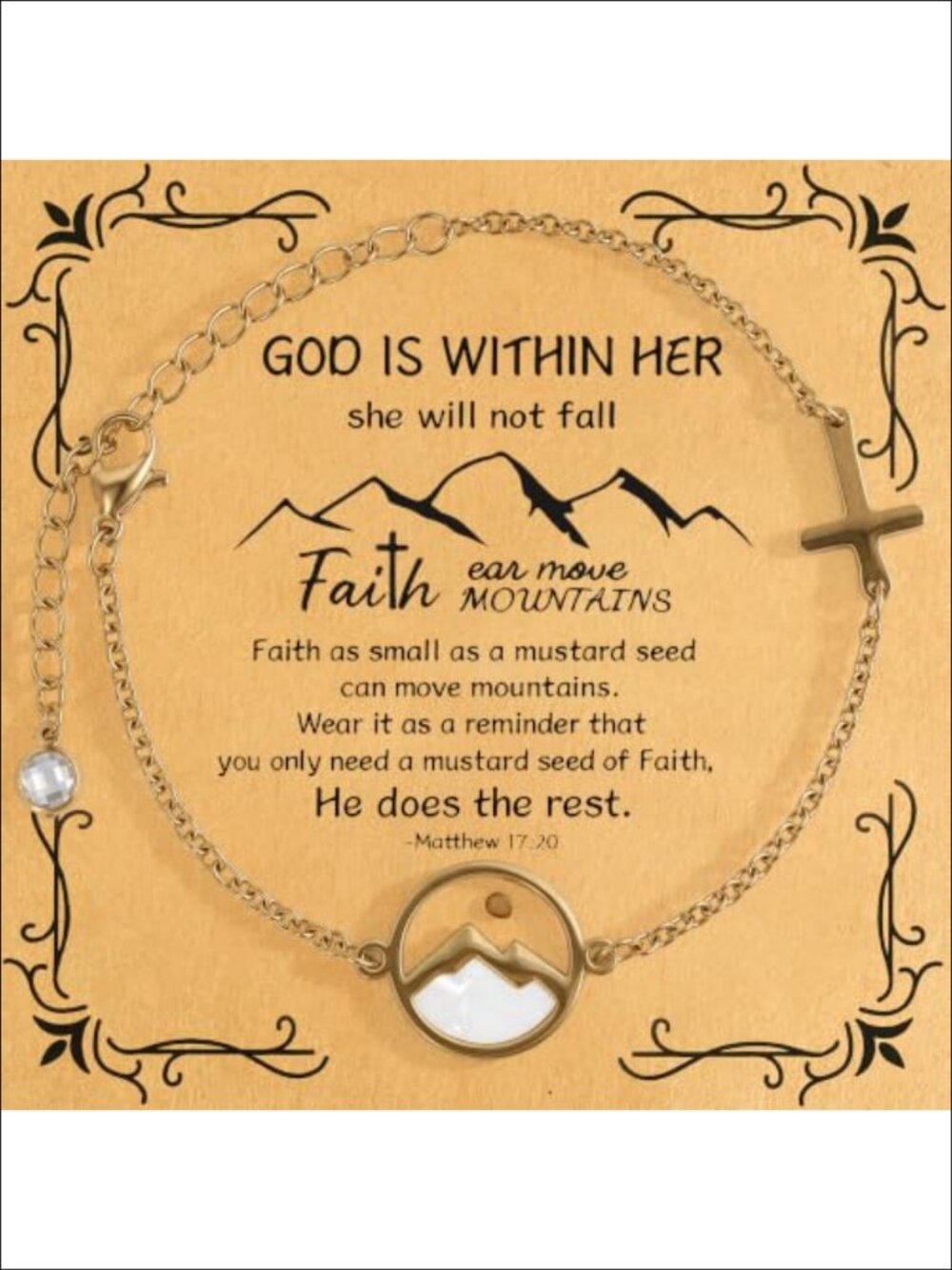 Gold Tone Cross Charm Bracelet Mustard Seed Faith Religious Gift Adjustable